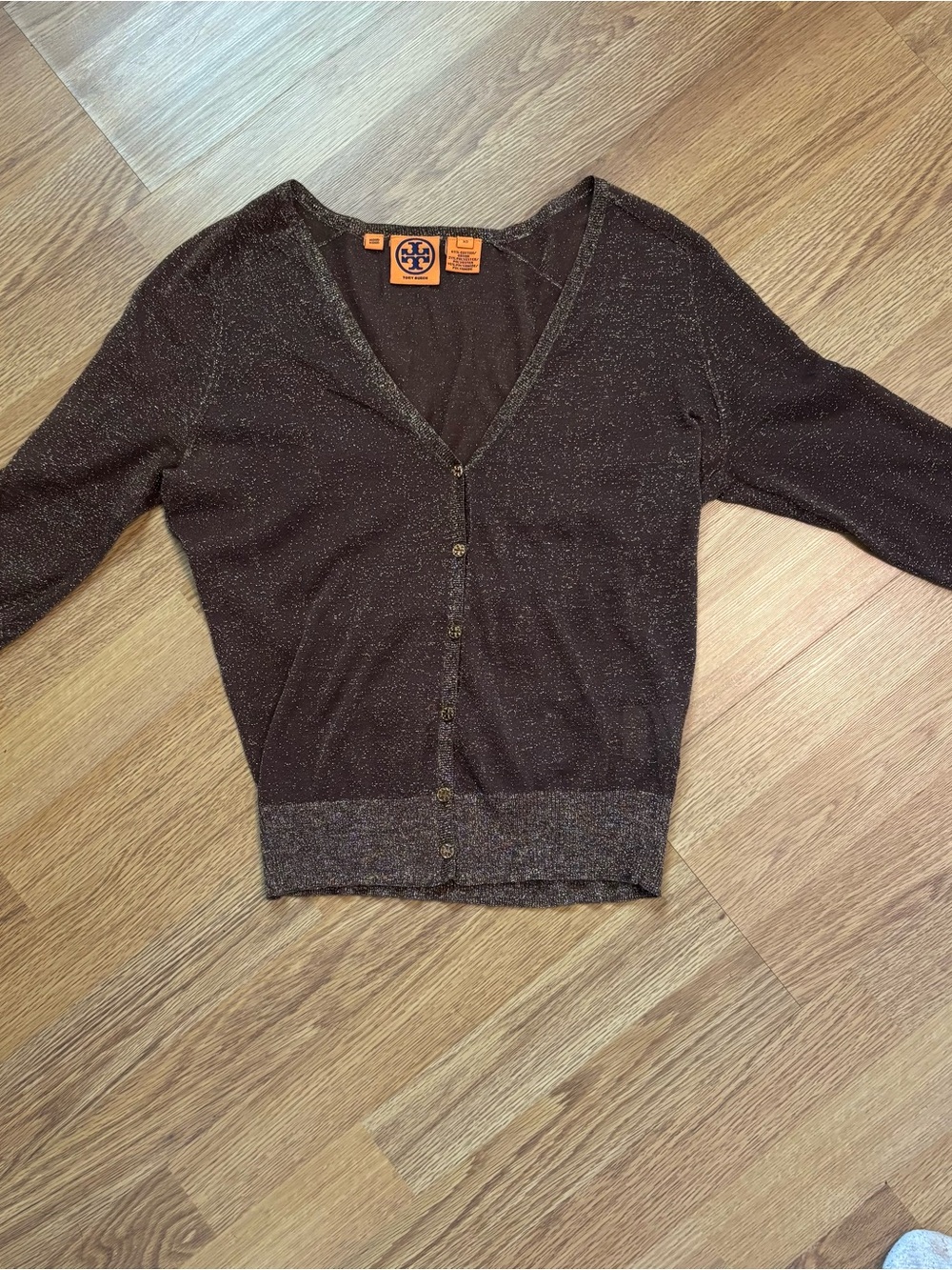 Tory Burch XS knit brown gold button front cardigan Y2K quiet luxury nightout